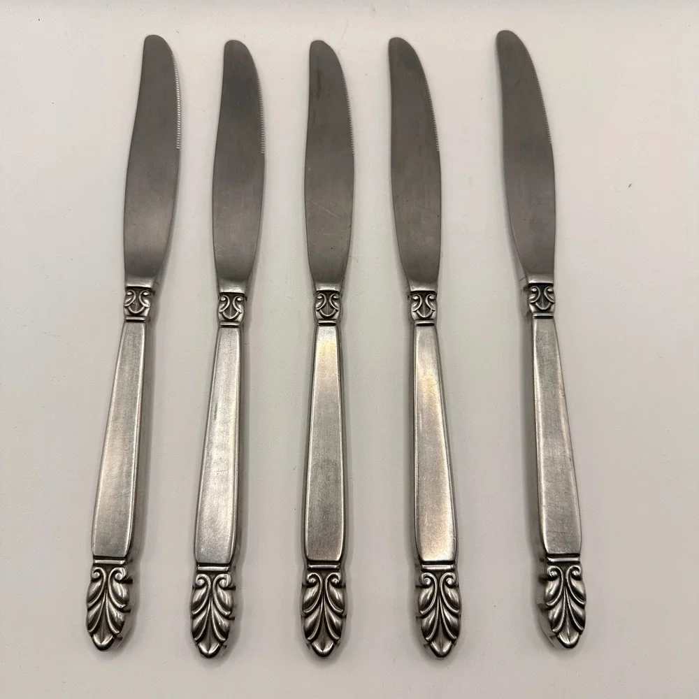 Vintage Nordic Crown Stainless Steel Dinner Knives Set of 5 Scroll Leaf Norse